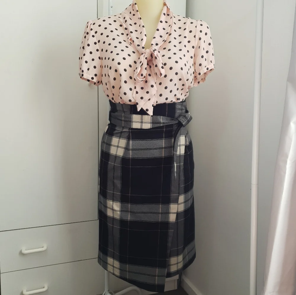 NWT AU 14 Dotti Black White Plaid Midi Belt Wrap Skirt - Picture 8 of 16